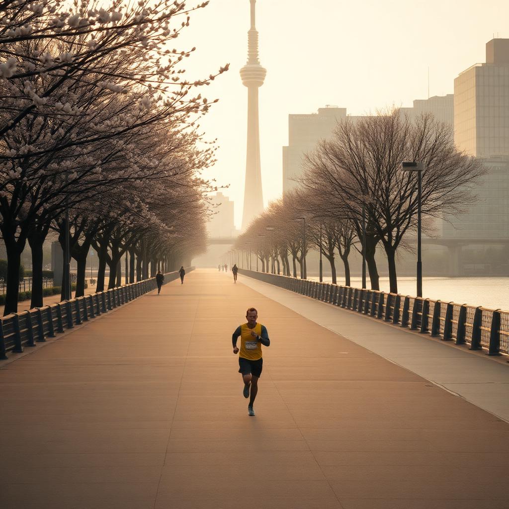 Sumida promenade · Skytree in warm morning haze