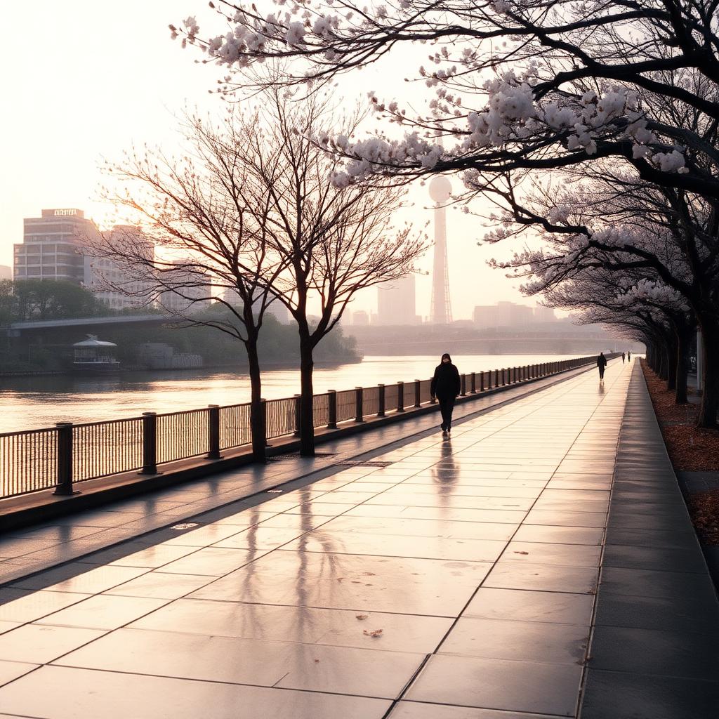 Cherry-lined riverside · the quiet half of the half